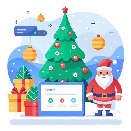 Santa Claus standing near a Christmas tree with gift boxes and a computer screen with a website design.のイラスト素材