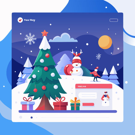 Cute Christmas illustration with a snowman, reindeer, gifts, and a decorated tree.のイラスト素材