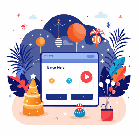 Colorful illustration of a webpage with a play button, a dollar sign, a gift icon, and two buttons labeled "u" and "i". There is a potted plant, a cake, and a balloon in the background.のイラスト素材