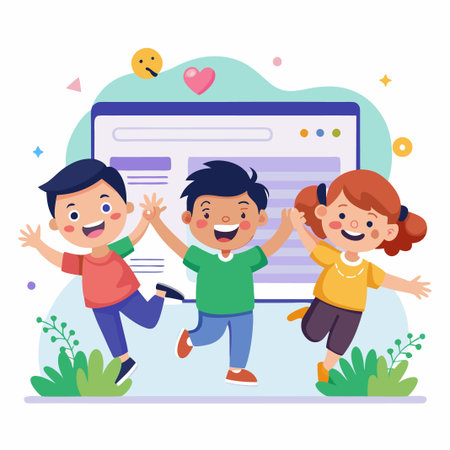 Three cheerful children are jumping and smiling in front of a website.のイラスト素材