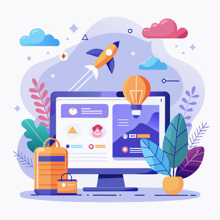 Desktop computer with icons of rocket, lightbulb, and plants.のイラスト素材