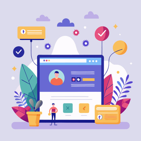 Flat illustration of a user interface with a profile, buttons, and a form.のイラスト素材