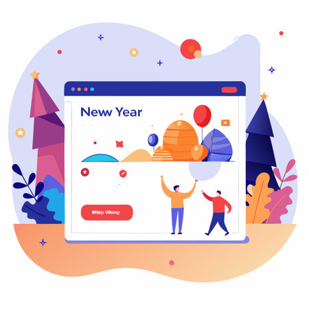 Happy New Year celebration on a computer screen with two people raising their hands.のイラスト素材