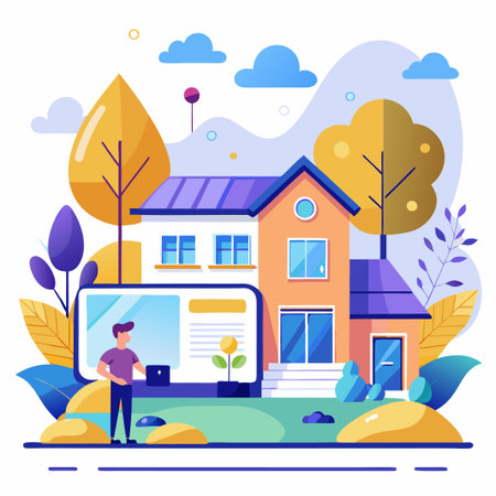 A cartoon illustration of a man standing in front of a house and a large tablet with a plant icon on it.のイラスト素材