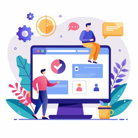 Man in red shirt points at computer screen with user interface elements.のイラスト素材