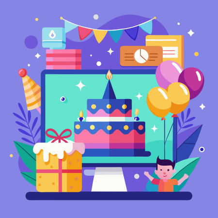 Online birthday celebration with cake, balloons, and gift.のイラスト素材