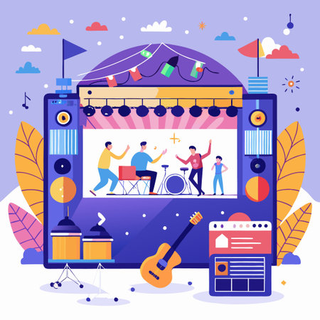 Colorful illustration of a music band performing on a stage with a guitar in the foreground.のイラスト素材