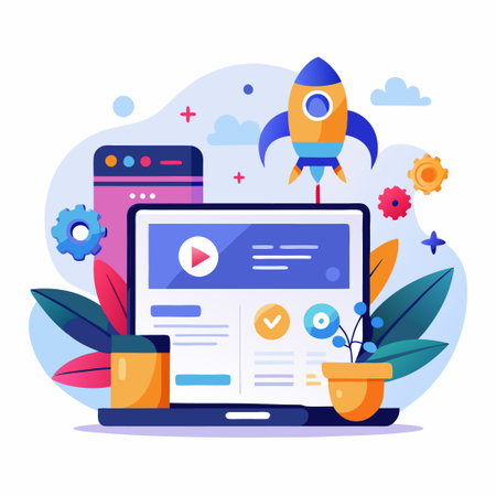 Laptop with rocket and gears flying in the sky.のイラスト素材