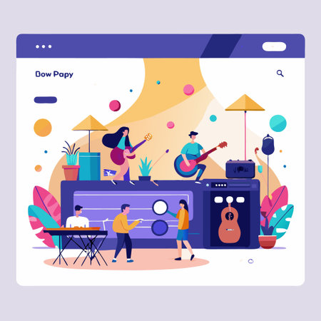 Website design for a music learning platform with musicians and audio mixer illustration.のイラスト素材