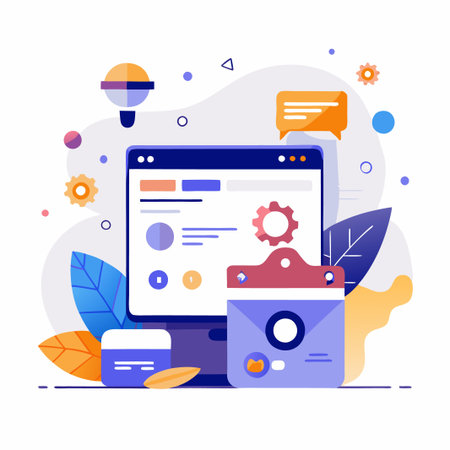 Computer screen with data and settings icons, next to calendar and email icons.のイラスト素材