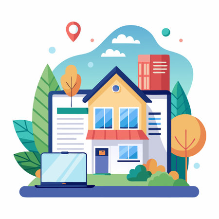 A colorful illustration of a house with a laptop and pin location.のイラスト素材