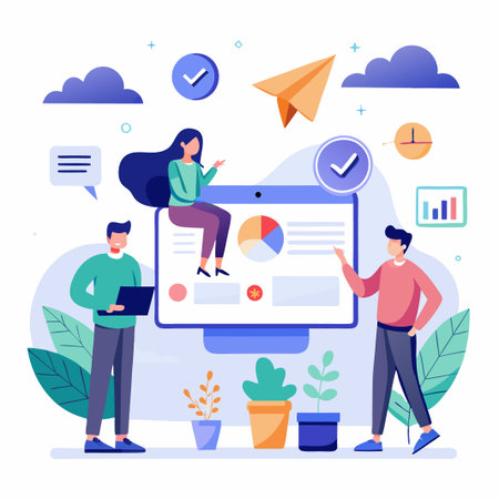 People working together on a project, with graphs, charts, and a laptop.のイラスト素材