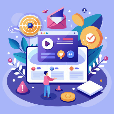 Man standing next to a computer screen with a play button, heart, and check mark.のイラスト素材