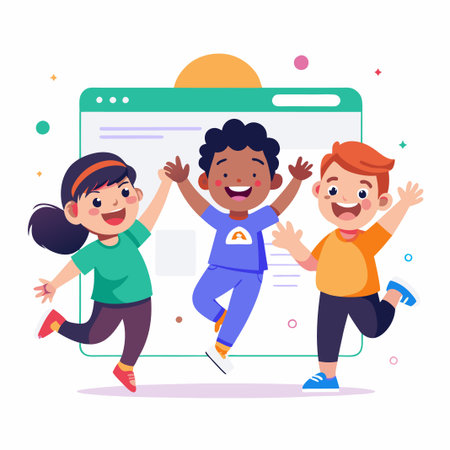Three happy children are jumping in front of a computer screen.のイラスト素材