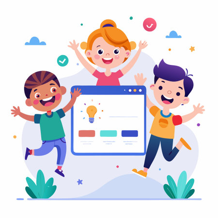 Three happy kids jumping in front of a computer screen with a light bulb icon.のイラスト素材
