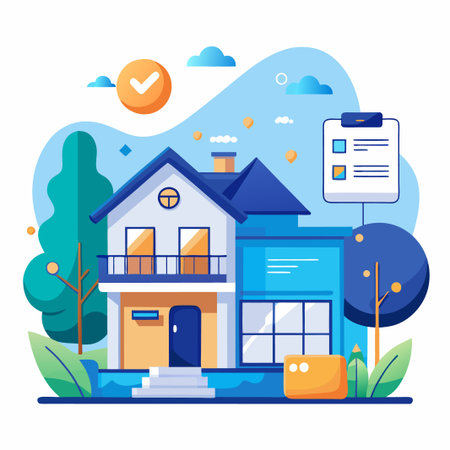 A modern house with a checkmark and clipboard, with trees on either side.のイラスト素材