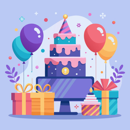 Happy birthday celebration with cake, presents, balloons, and computer screen on blue background.のイラスト素材