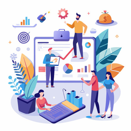 Business people analyzing data on a large screen, discussing strategy and achieving business goals.のイラスト素材