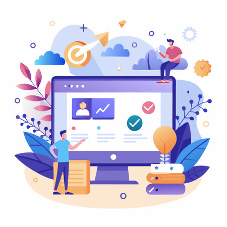 Two men stand by a computer screen with check marks and progress bar indicating success.のイラスト素材