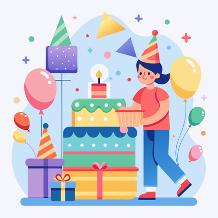 Happy Birthday Boy Holding Present And Cake.のイラスト素材