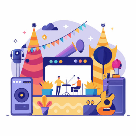 Online music concert with guitar, microphone, and speaker.のイラスト素材