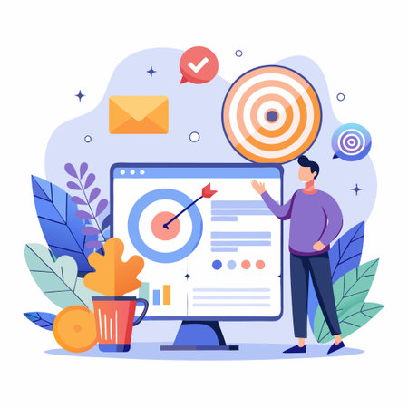 Man pointing at computer monitor showing charts and graphs with target icon.のイラスト素材