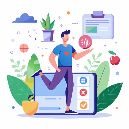 Man with heart on shirt runs on tablet with apple and plant.のイラスト素材