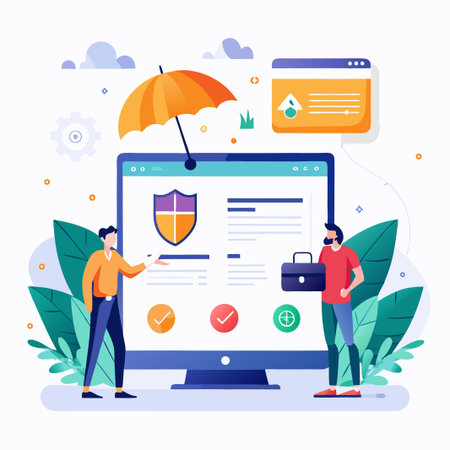 Two men working on computer, one with a briefcase, under an umbrella on a white background.のイラスト素材