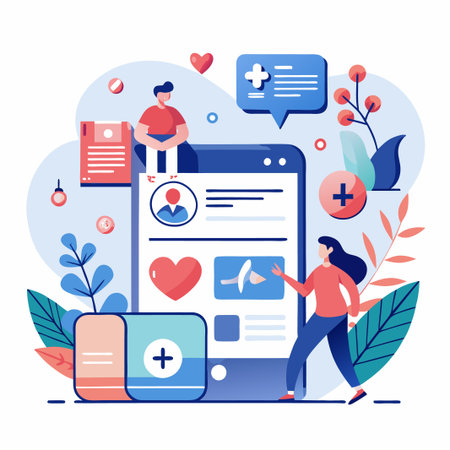 Two people using a smartphone to access healthcare information.のイラスト素材