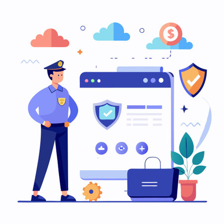 Secure online payment and banking with police officer protection.のイラスト素材