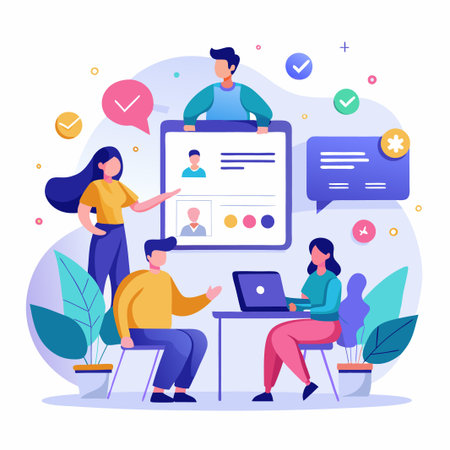 Team of people reviewing a profile on a clipboard and using a laptop.のイラスト素材