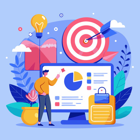 Man presenting data and strategy on a computer screen with target and lightbulb, indicating success.のイラスト素材