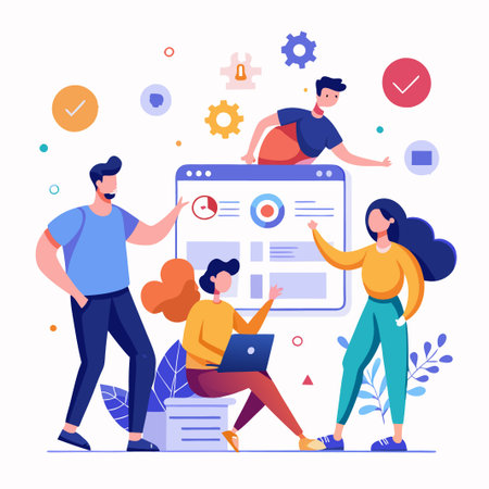 A group of people are working together on a project. The project is displayed on a large screen, and the people are pointing at different parts of the screen and discussing the project.のイラスト素材