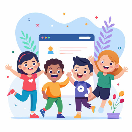 Four happy children in front of a computer screen smiling and celebrating.のイラスト素材