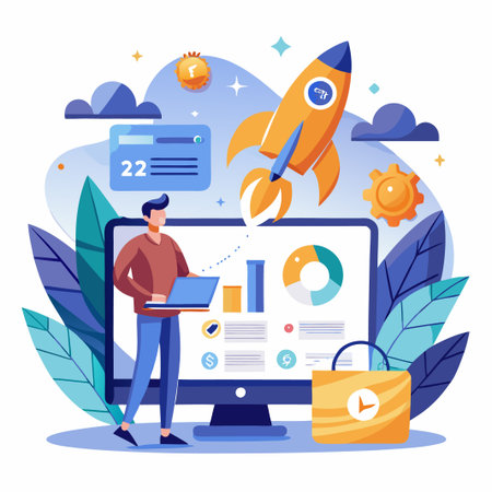 Businessman analyzes data and launches a business with a rocket.のイラスト素材