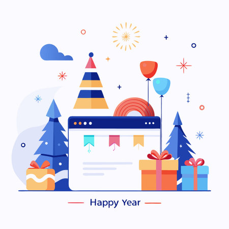 Website with Christmas trees, gifts, balloons, and fireworks, happy new year.のイラスト素材