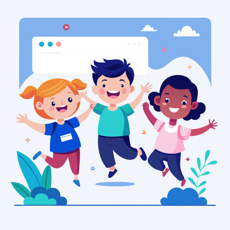 Three happy kids jump in front of a computer screen.のイラスト素材