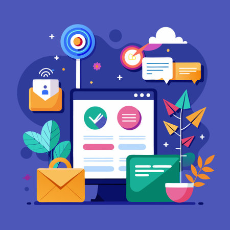 Colorful illustration of a computer with check mark, paper airplane and email icons.のイラスト素材