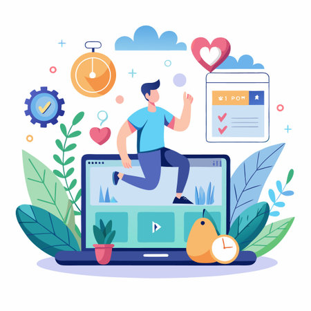 Man running on laptop screen, exercise app with timer and check marks.のイラスト素材