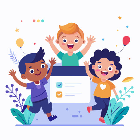 Happy kids celebrating with a checklist.のイラスト素材