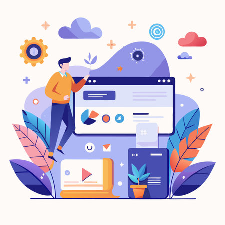 Man presenting data on a laptop with charts, a video player, and a plant.のイラスト素材