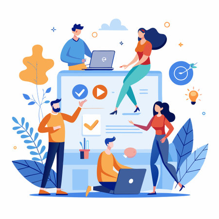 Team of people working together on project using computer.のイラスト素材