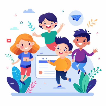 Happy children around a certificate with a paper airplane.のイラスト素材