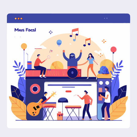 Illustration of people playing music on a website.のイラスト素材