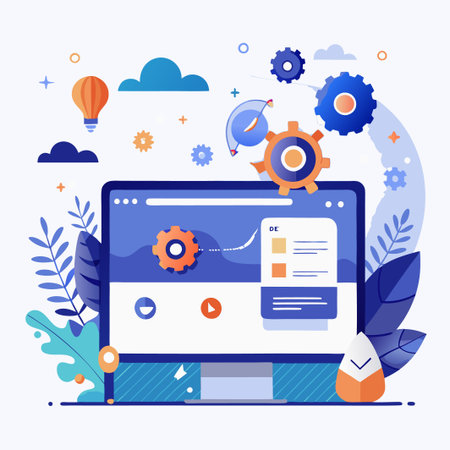 Web development with gears and hot air balloon.のイラスト素材