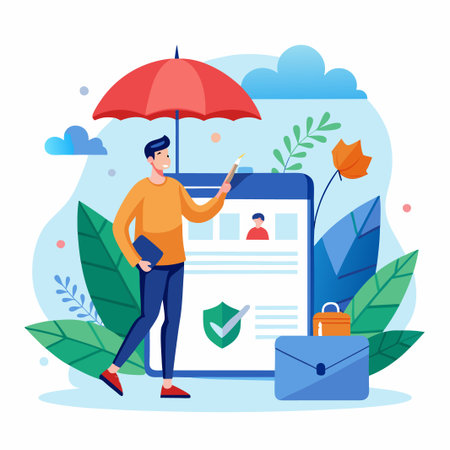 Man holding a pen under an umbrella standing in front of a checklist with a shield on it.のイラスト素材