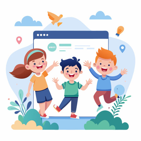 Three smiling kids are standing near a website interface, representing online education.のイラスト素材