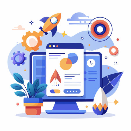 Computer monitor with data graphs, rocket, plant, and clock on a white background.のイラスト素材