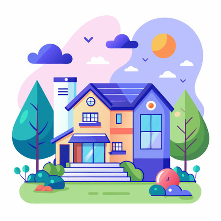 Colorful house with blue roof, windows, and a chimney, with trees and bushes, and a sunny sky.のイラスト素材