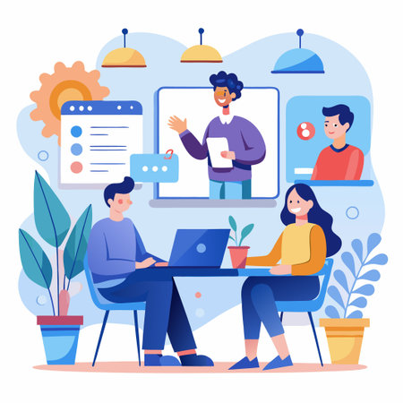 Two people having a video conference with a man and another woman in the video.のイラスト素材